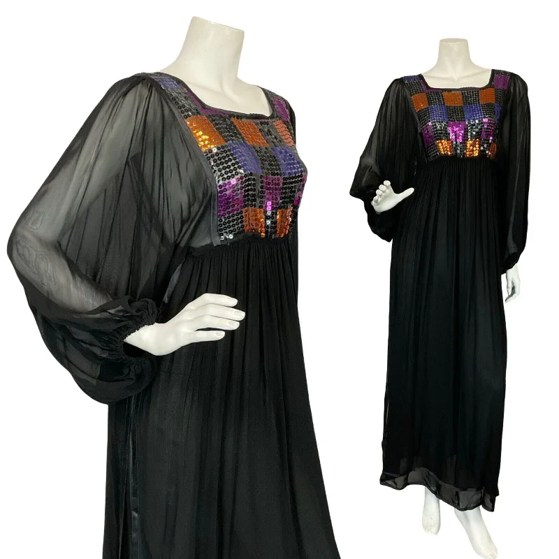 VTG 70S DISCO MESH BLACK PURPLE ORANGE SEQUIN BATWING FLOATY PARTY DRESS 6 8 All-Over Sequin Dress