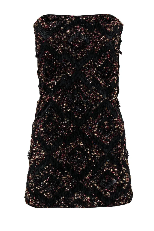 All Saints - Black Strapless Beaded Bodycon Dress w/ Red & Gold Sequins Sz 4 Stretch Bodycon Dress