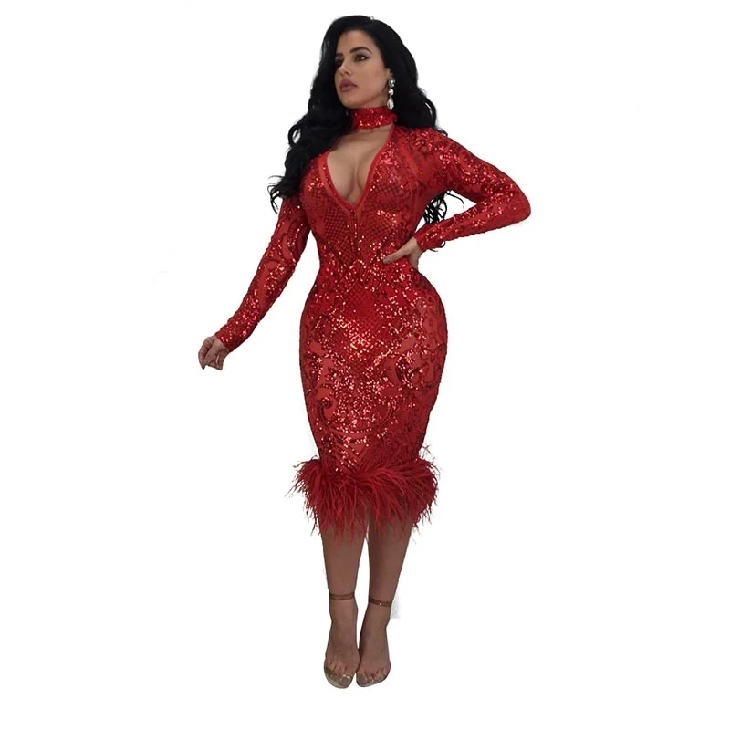 Ashly Red Sequin Choker Feather Dress #Bodycon Dress #Red Flirty Bodycon Dress