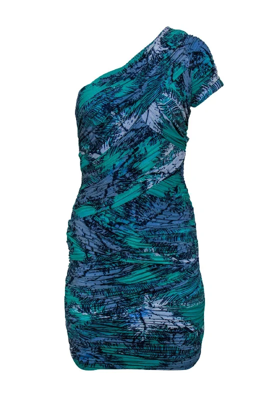 BCBG Max Azria - Green & Blue Printed Ruched One-Shoulder Bodycon Dress Sz M Glam Bodycon Dress