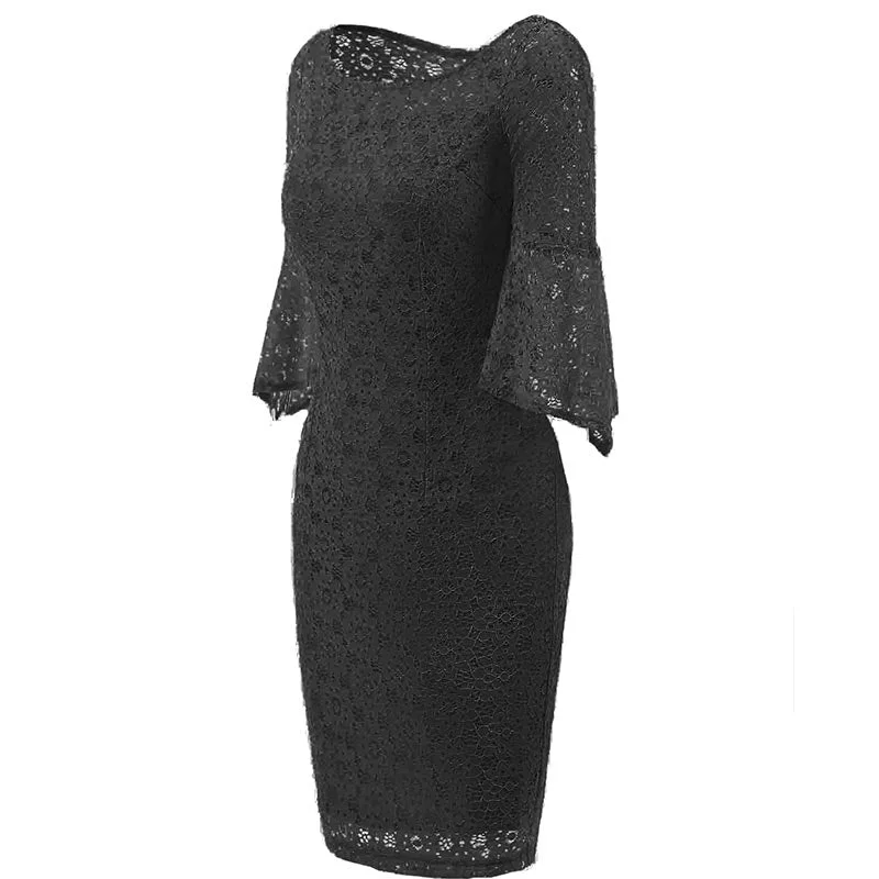 Hollow Out Plain Lace Bell Sleeve Bodycon Dress #Bodycon Dress #Black #Lace Dress Curvy Bodycon Dress