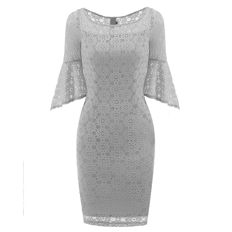 Hollow Out Plain Lace Bell Sleeve Bodycon Dress #Bodycon Dress #Grey #Lace Dress Sheer Bodycon Dress