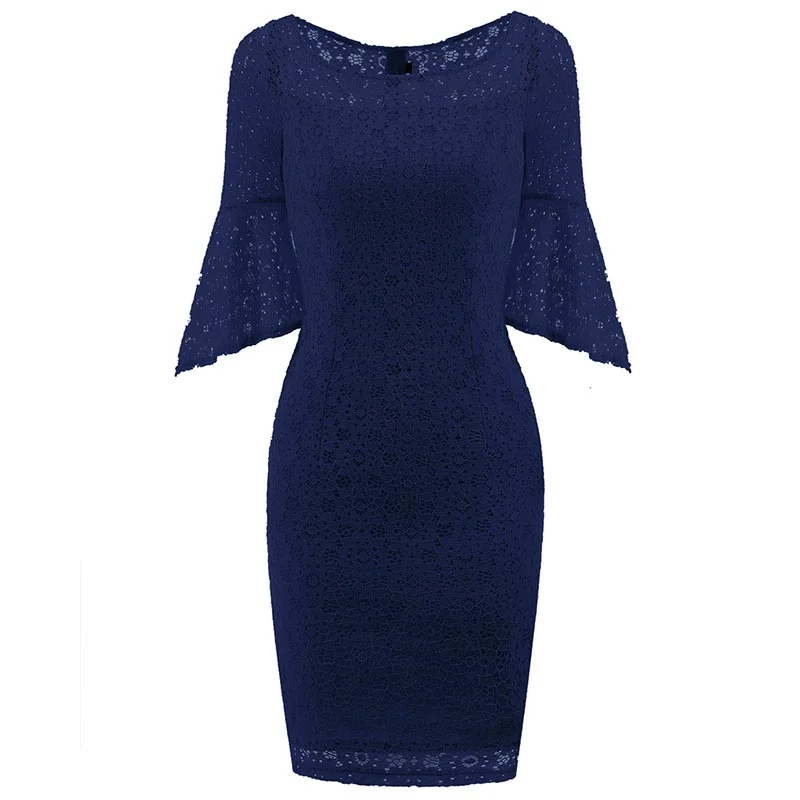 Hollow Out Plain Lace Bell Sleeve Bodycon Dress #Bodycon Dress #Lace Dress Off-shoulder Dress Set