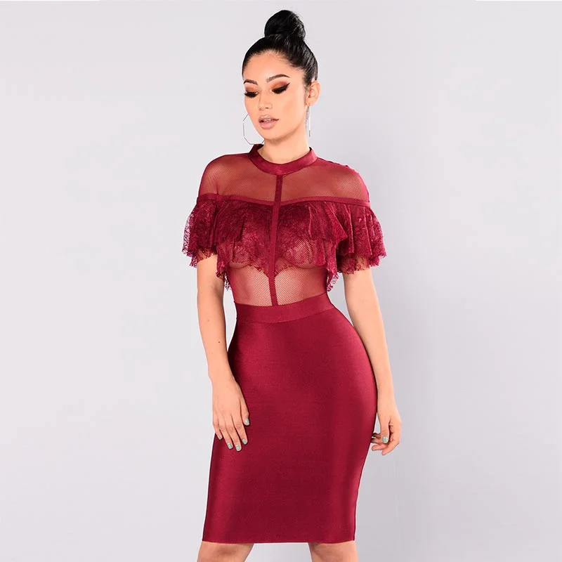 Kaye Lace Ruffle Dress #Bodycon Dress #Merlot Elegant Slim Bodycon