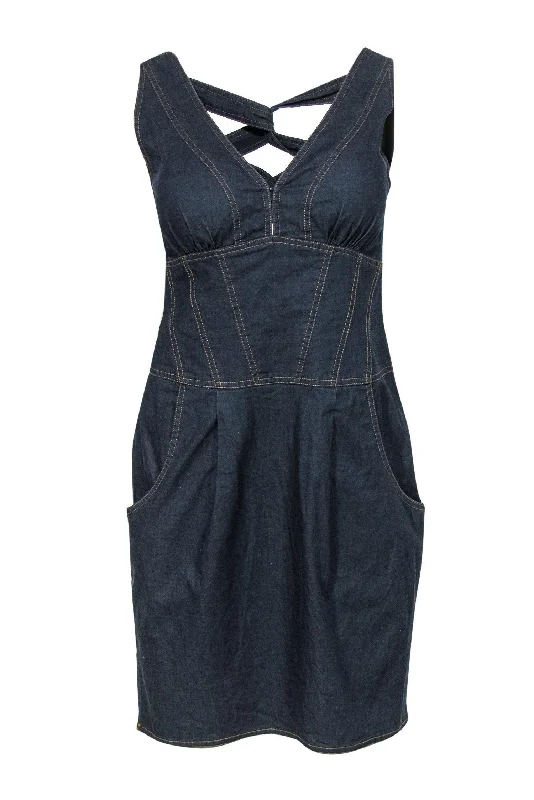 Nanette Lepore - Dark Wash Denim Sleeveless Bodycon Dress w/ Crisscross Back Sz 6 Mesh Bodycon Gown