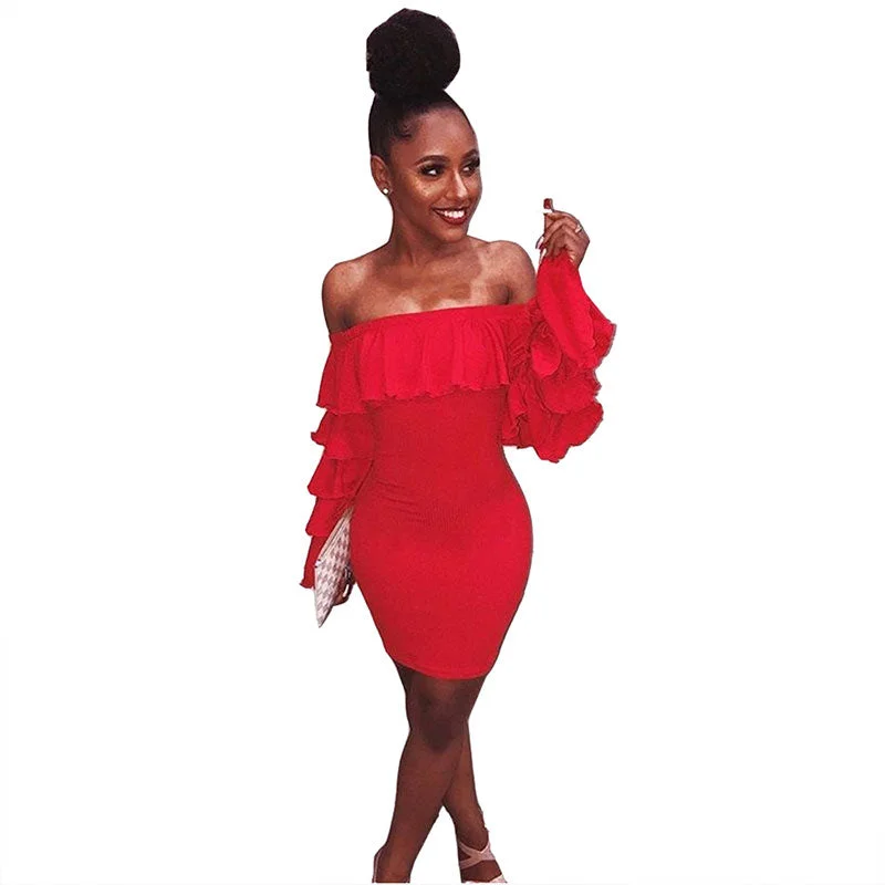 Red Ruffle Sleeve Slash Neck Bodycon Dress #Red #Ruffle Off-shoulder Dress Set