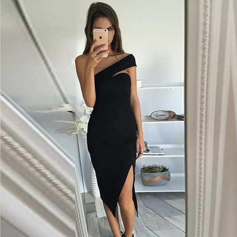 Sexy Women Bodycon Dress Split Slash Neck Slim Club Dresses #Black Lace Back Bodycon