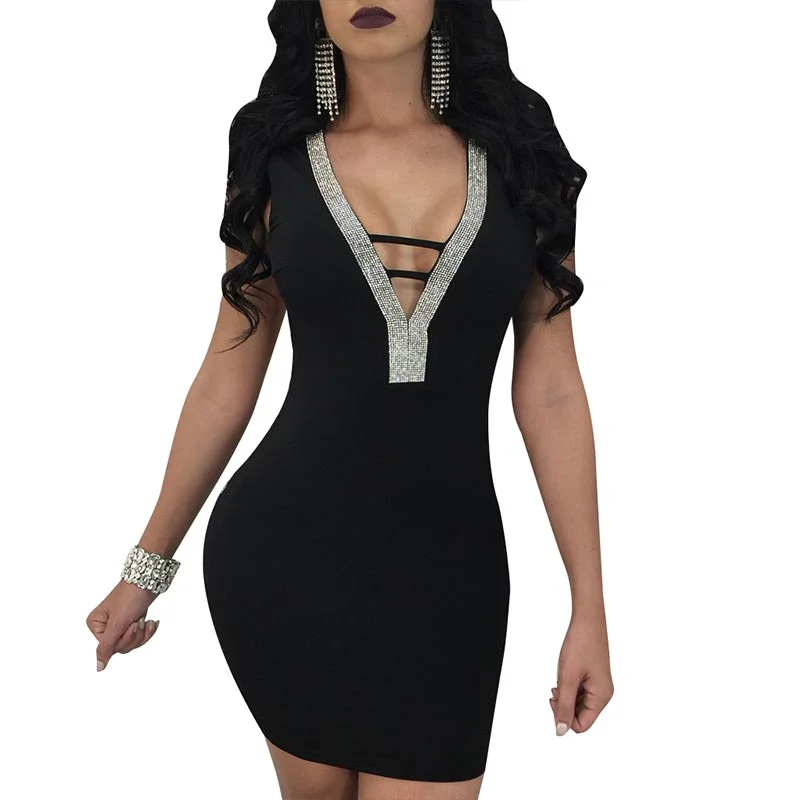 Sexy Women Hot-stamping Hollow Out Bodycon Clubwear #V Neck #Sleeveless #Hollow Out Bodycon Dress Look