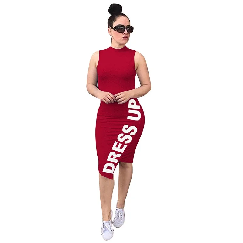 Sleeveless Print Bodycon Dress With Back Hole #Red #Sleeveless #Print Slim Fit Dress