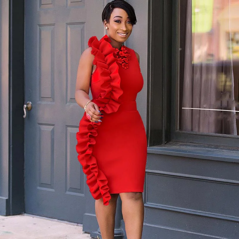 Sleeveless Red Ruffles Bodycon Dress #Plus Size #Sleeveless #Ruffles Ruffle Bodycon Dress