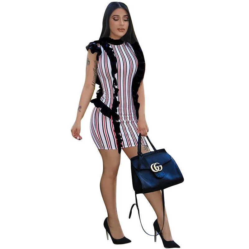 Sleeveless Stripped Bodycon Dress With Ruffles #Sleeveless #Ruffles #Stripe Fitted Mini Bodycon