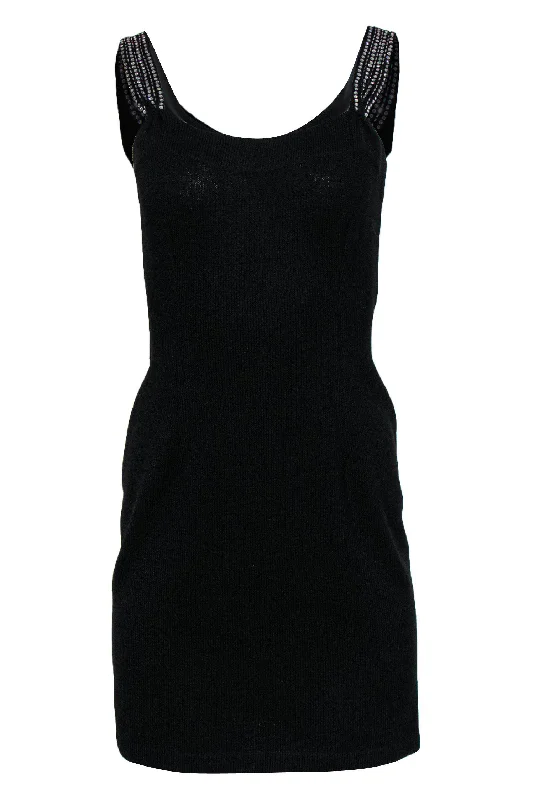 St. John - Black Knit Sleeveless Bodycon Dress w/ Rhinestone Embellishments Sz 2 Black Bodycon Dress