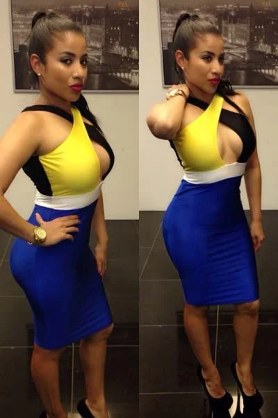 yellow/blue color block Bodycon Dresses Long Sleeve Bodycon