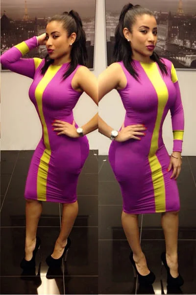 yellow/purple one sleeve Bodycon Dresses Short Bodycon Dress