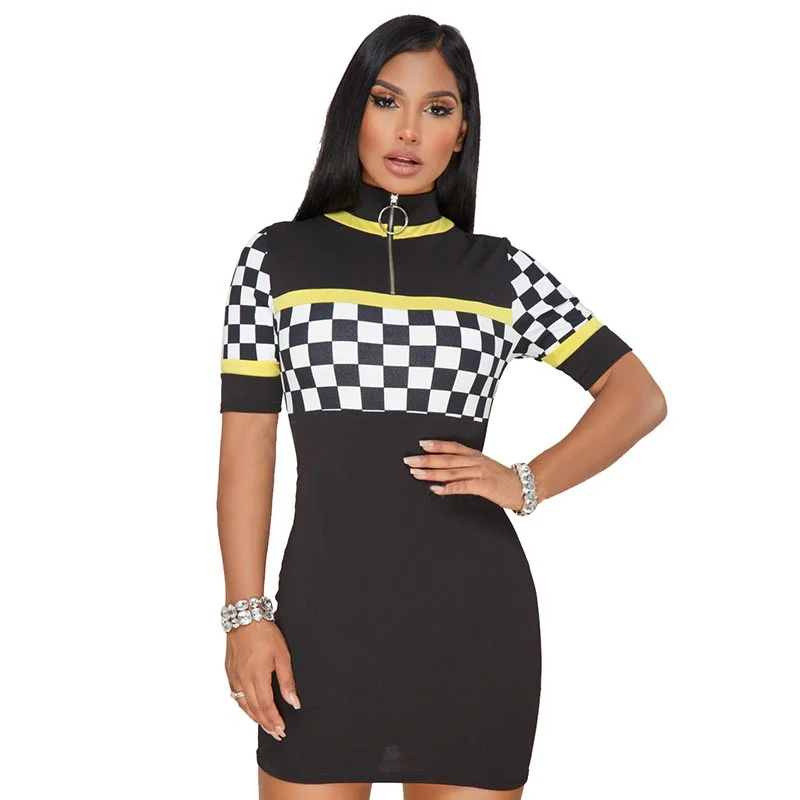 Zip Me Up Plaid Mixed Color Bodycon Dress #Short Sleeve #Zipper Bodycon Evening Dress