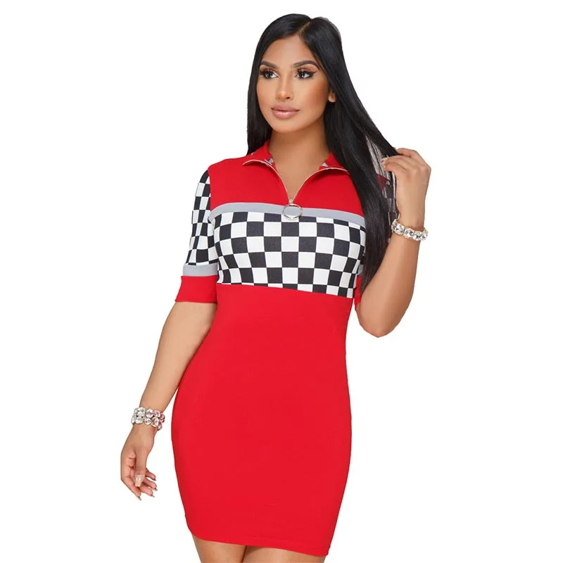 Zip Me Up Plaid Mixed Color Bodycon Dress #Short Sleeve #Zipper Bodycon Dress Set