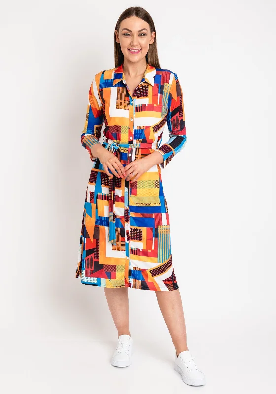 Anonymous Patterned Midi Shirt Dress, Orange Multi Ruffled Skirt Midi