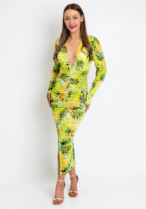 The Sofia Collection Printed Pencil Midi Dress, Yellow Multi Casual Midi Outfit