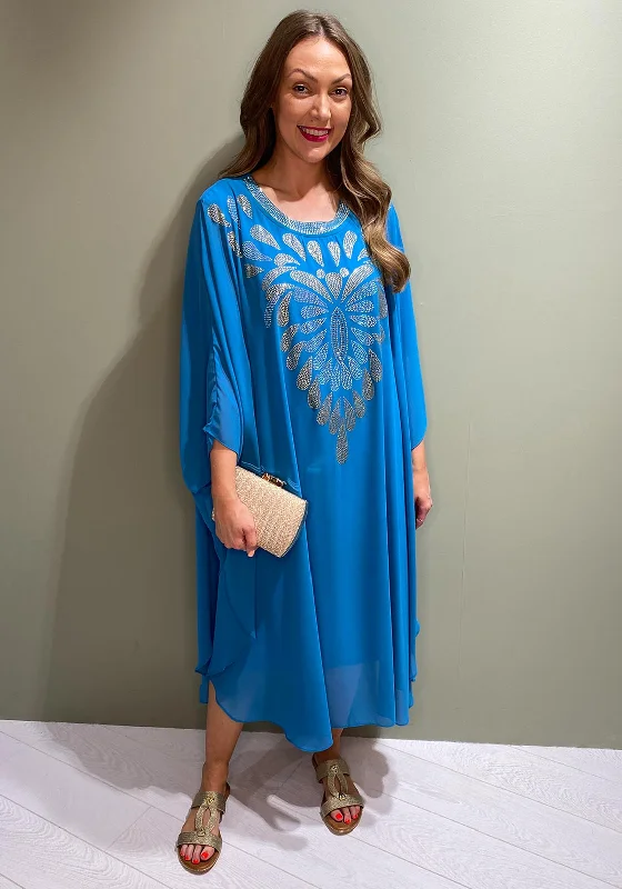 Serafina Collection Embellished design Kaftan Midi Dress, Turquoise Pleated A-line Skirt