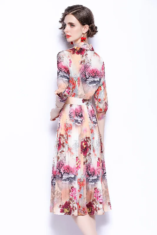 Multicolor Day A-line Shirt Colar Elbow Sleeve Below Knee Printed Dress A-line Shirt Dress