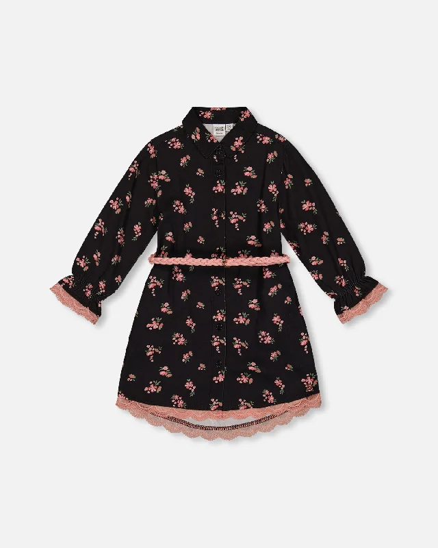 Printed Flowers Viscose Shirt Dress With Belt Chic Shirt Dress