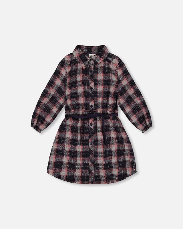 Shirt Flannel Dress With Belt Plaid Navy And Pink Classic Shirt Dress