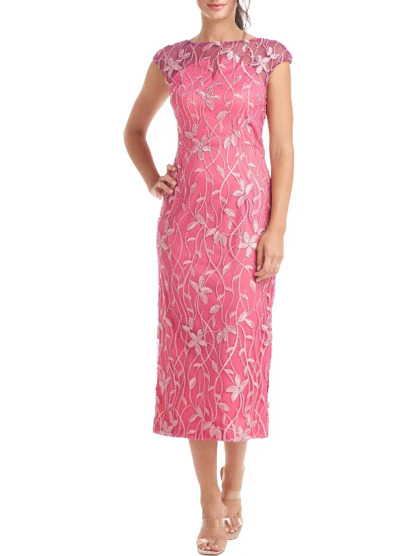 Womens Embroidered Midi Cocktail and Party Dress Printed Satin Midi