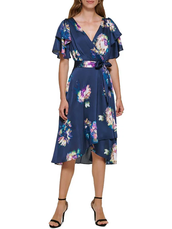 Womens Floral Faux Wrap Midi Dress Midi Skirt with Pockets