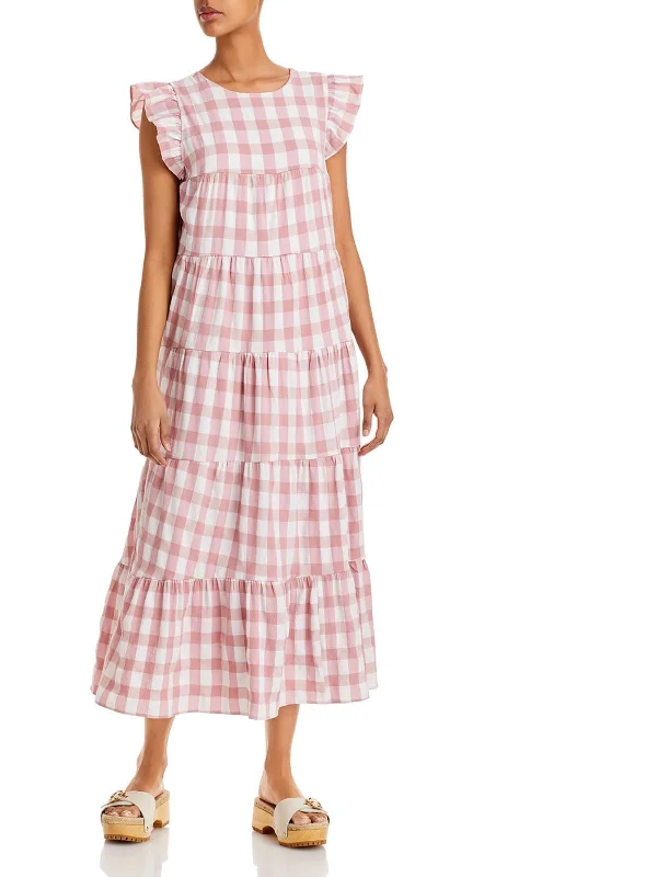 Womens Gingham Midi Babydoll Dress Plain Midi Skirt