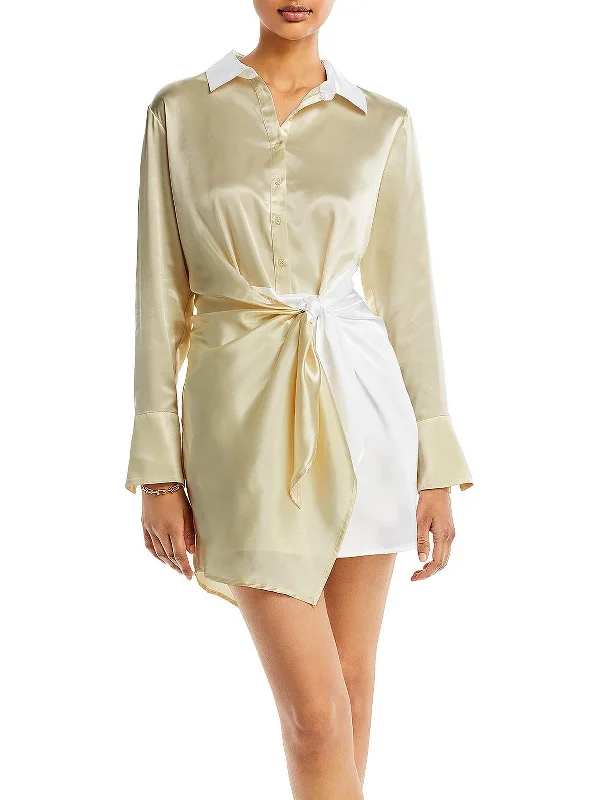 Womens Satin Above Knee Shirtdress Shirt Dress Chic